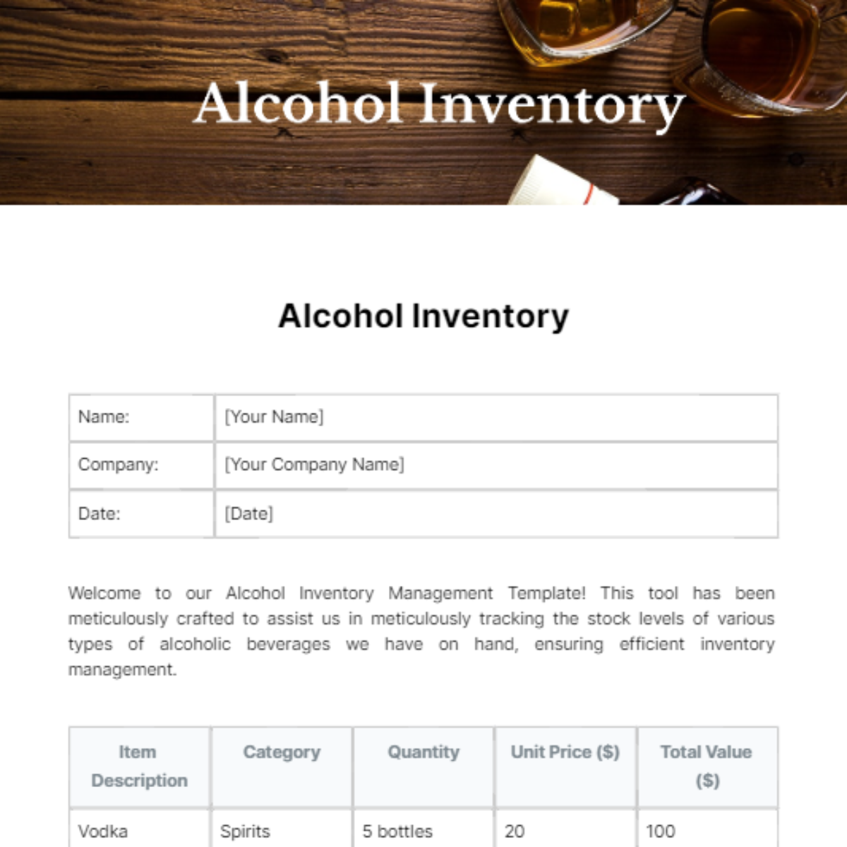 Alcohol Inventory Template