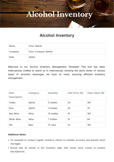 Free Alcohol Inventory Template to Edit Online