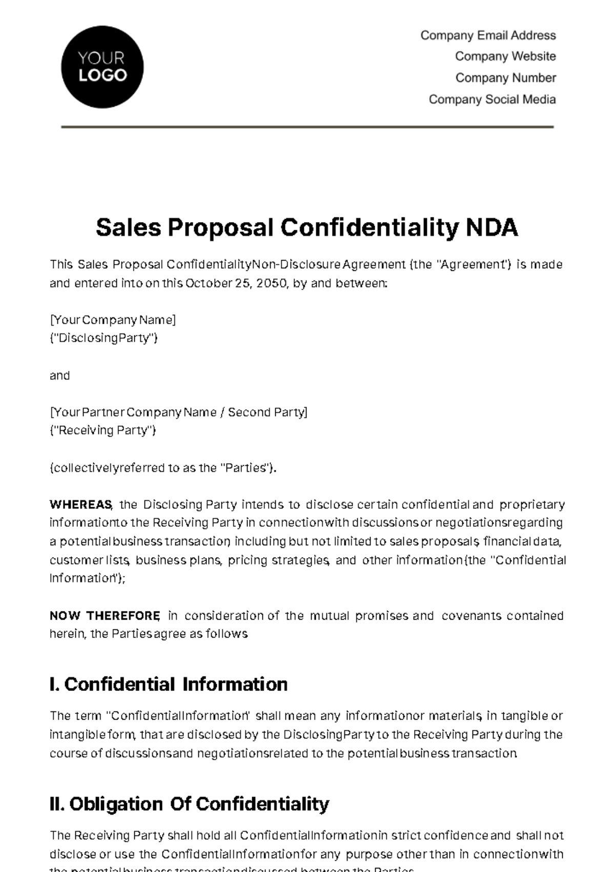 Free Sales Proposal Confidentiality NDA Template