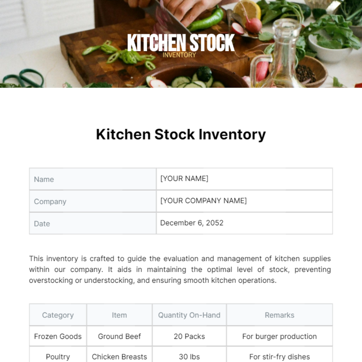 Free Kitchen Stock Inventory Template