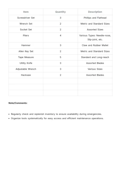 Free Tool Shed Inventory Template to Edit Online