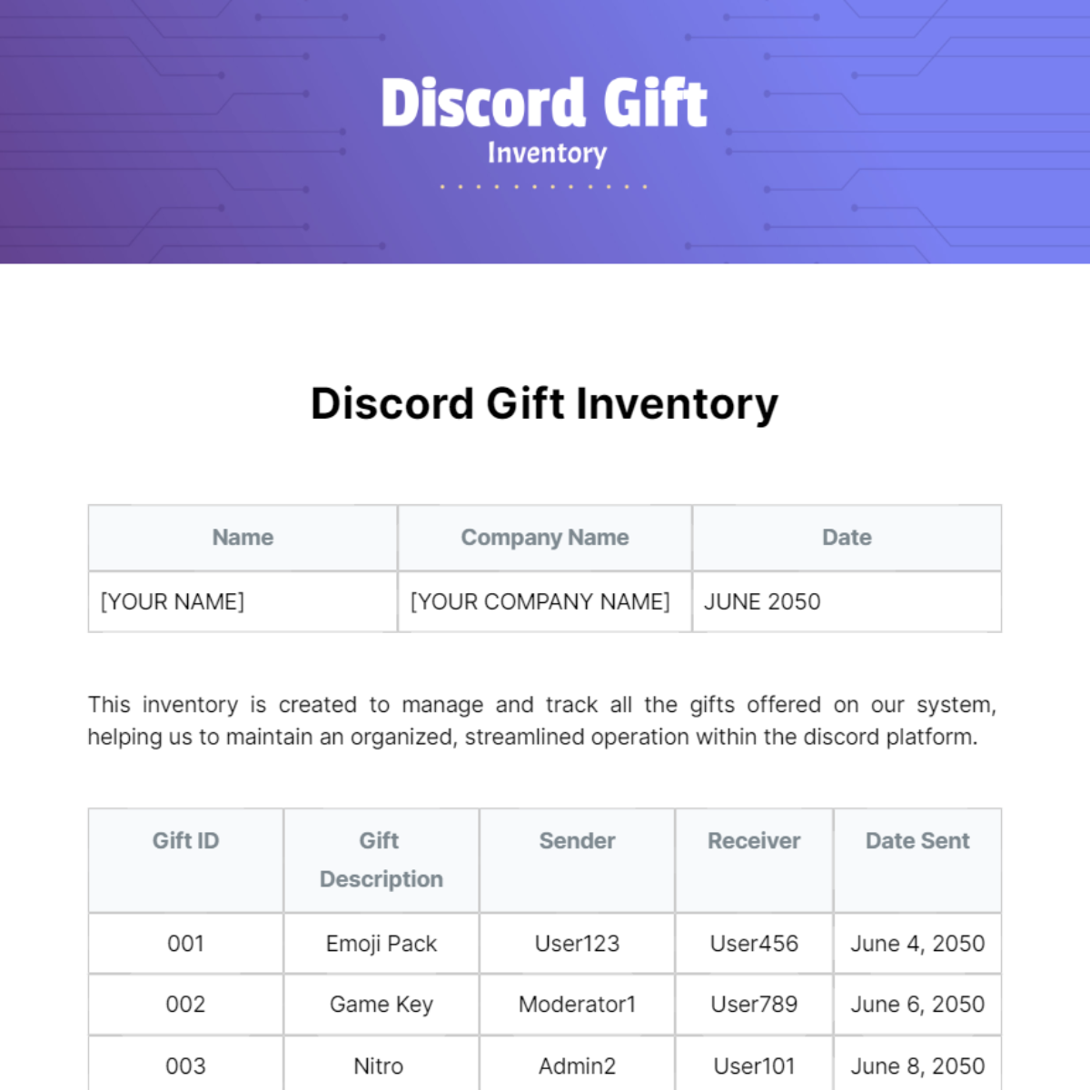 Discord Gift Inventory Template