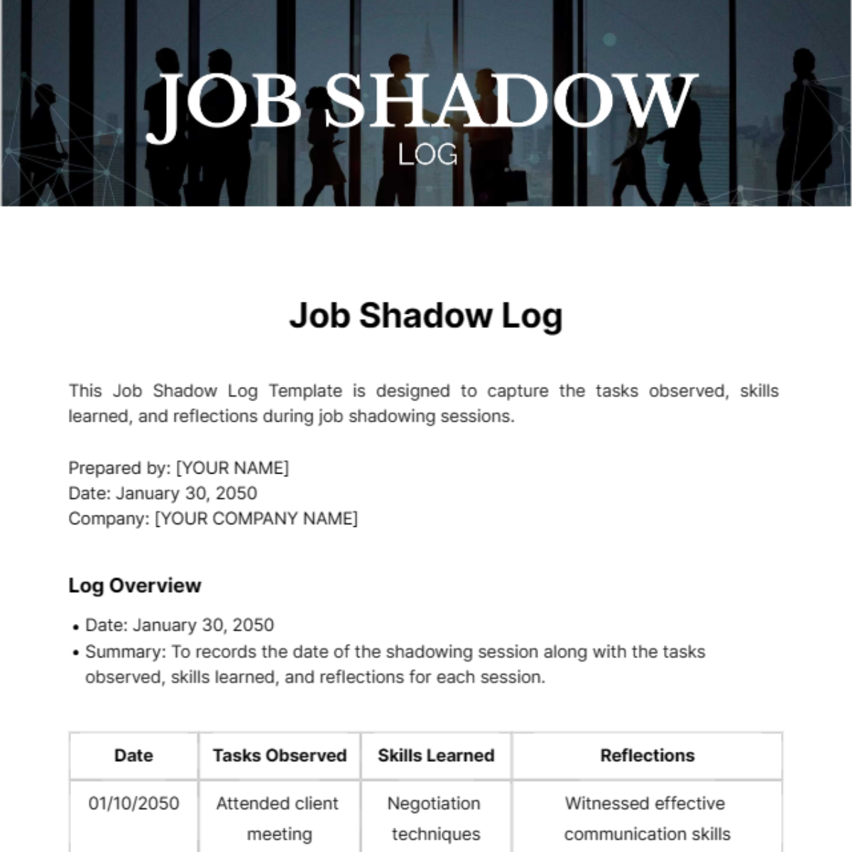 Free Job Shadow Log Template