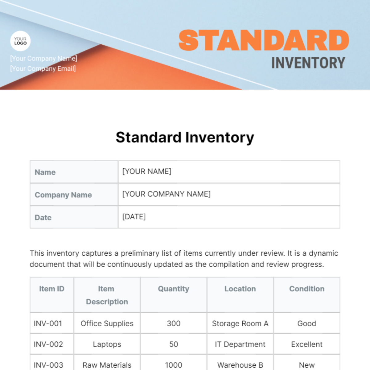 Standard Inventory Template