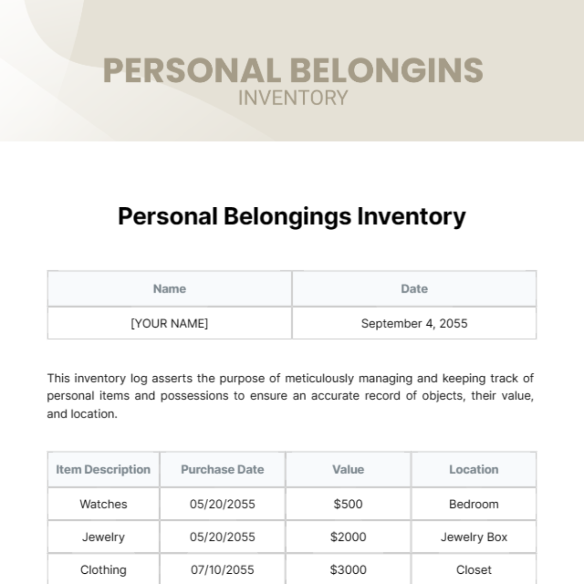 Personal Belongings Inventory Template