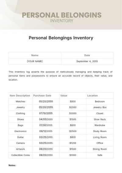 Free Personal Belongings Inventory Template to Edit Online
