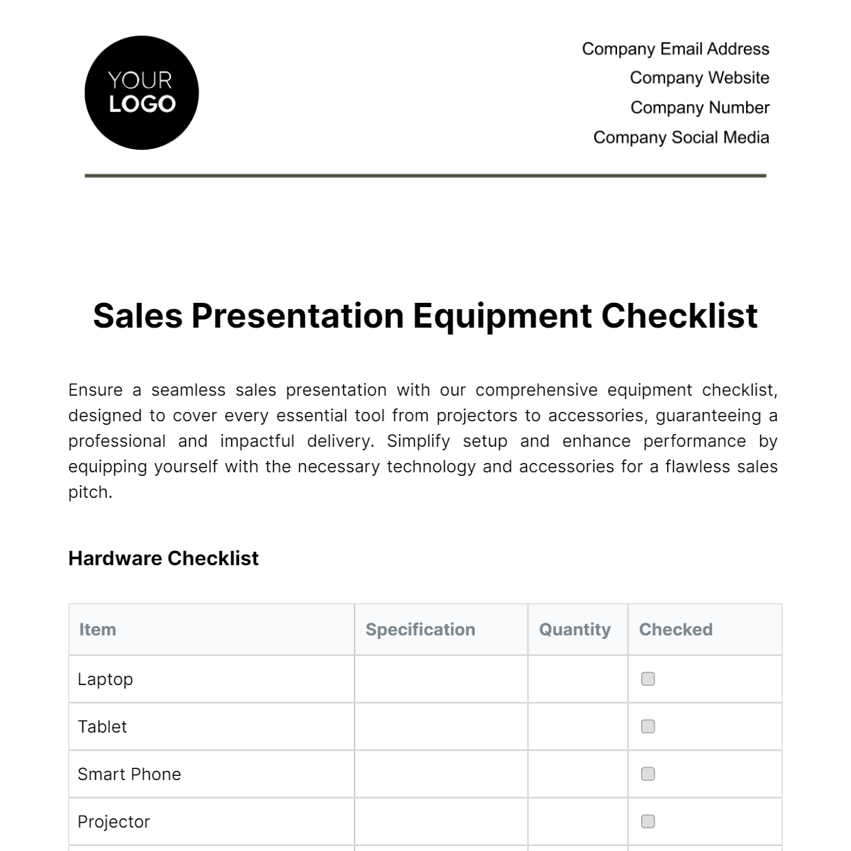 Free Sales Presentation Equipment Checklist Template