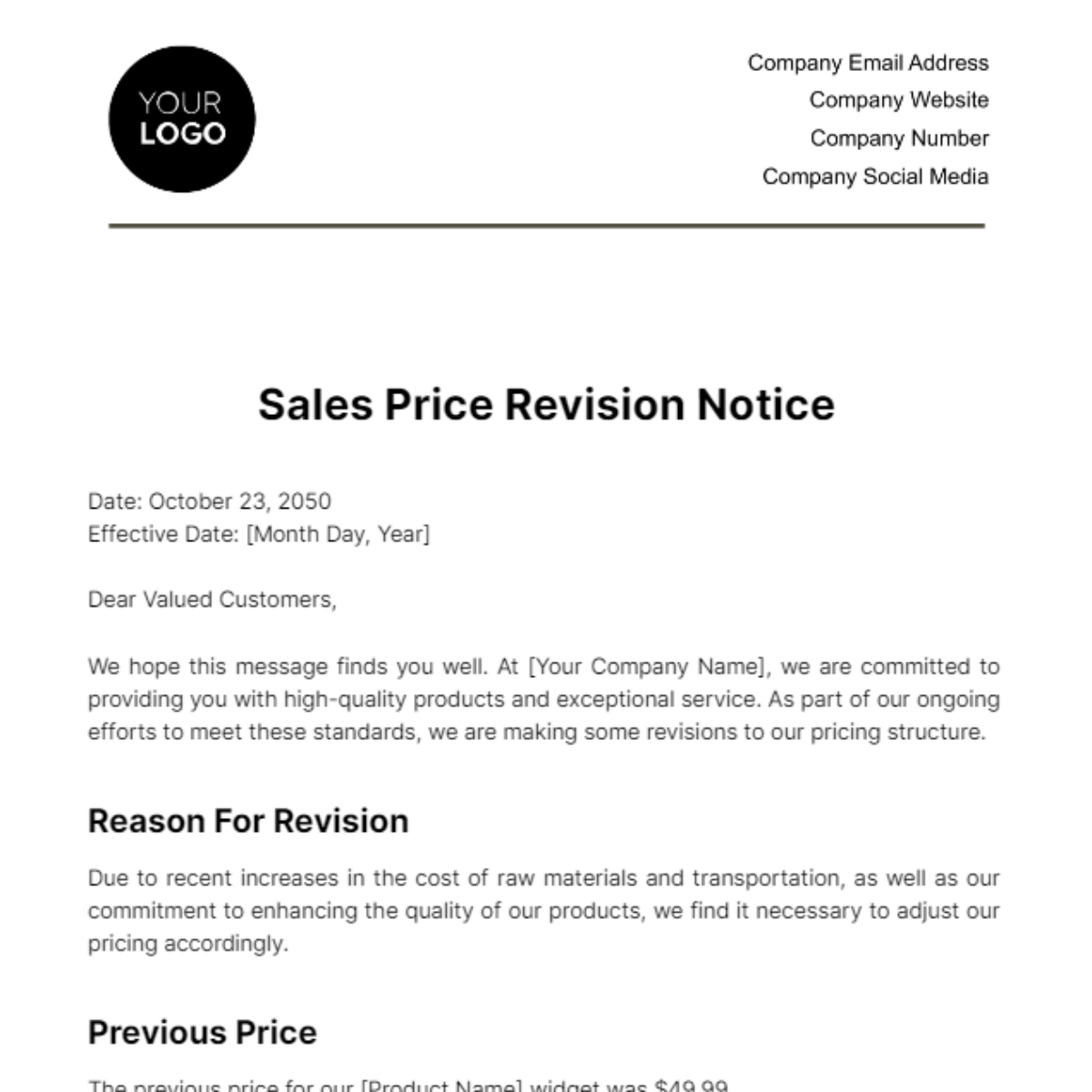 Free Sales Price Revision Notice Template