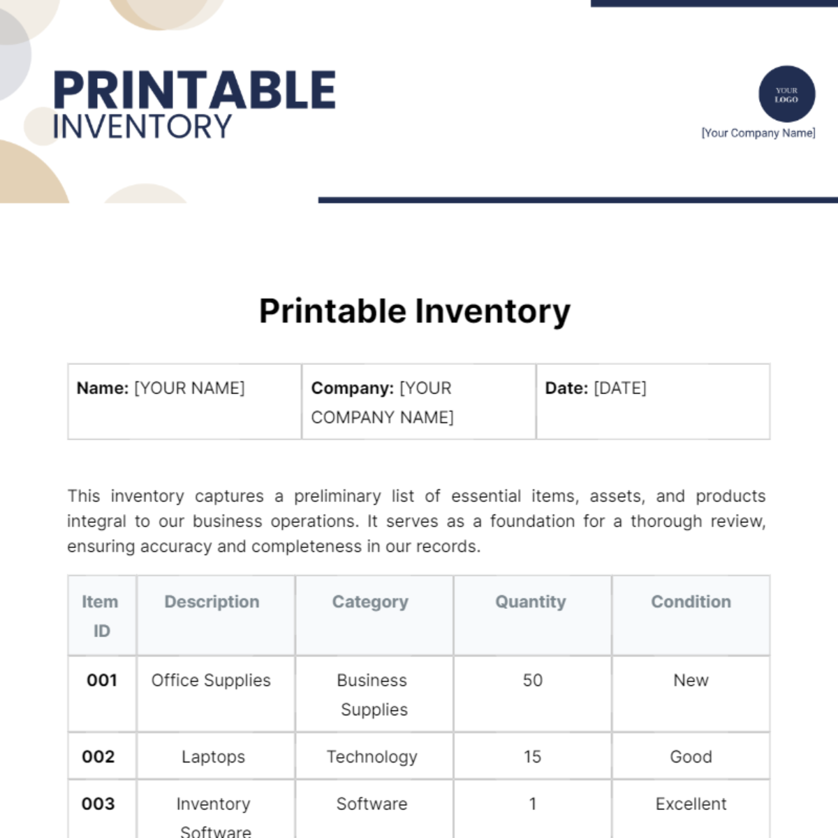 Free Printable Inventory Template