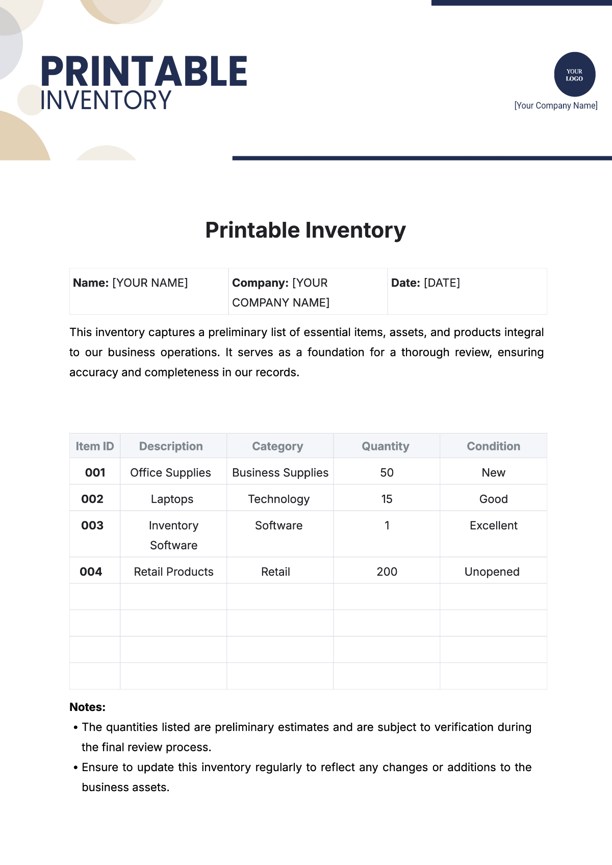 Free Printable Inventory Template