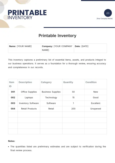 Free Printable Inventory Template to Edit Online