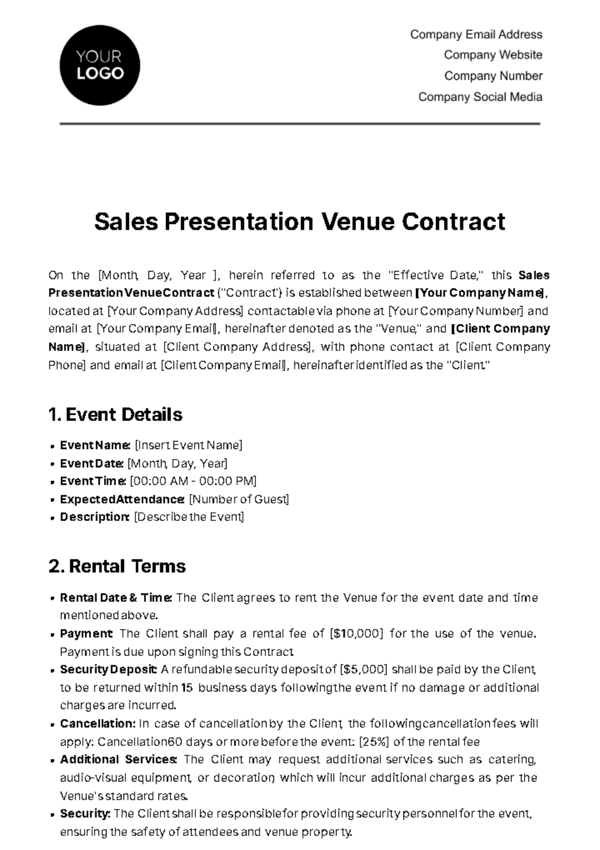 Free Sales Presentation Venue Contract Template