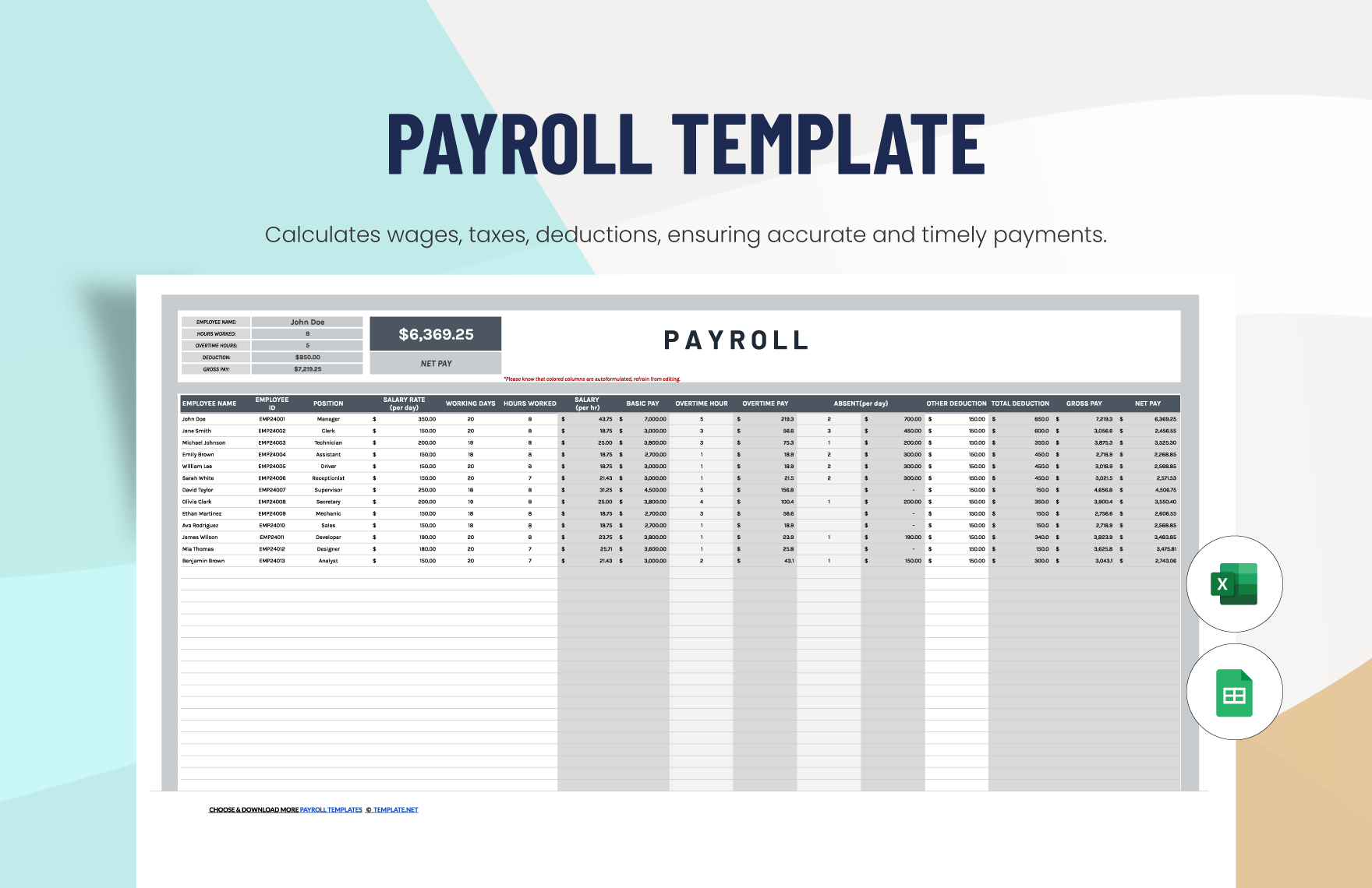Free Payroll Template in Excel, Google Sheets