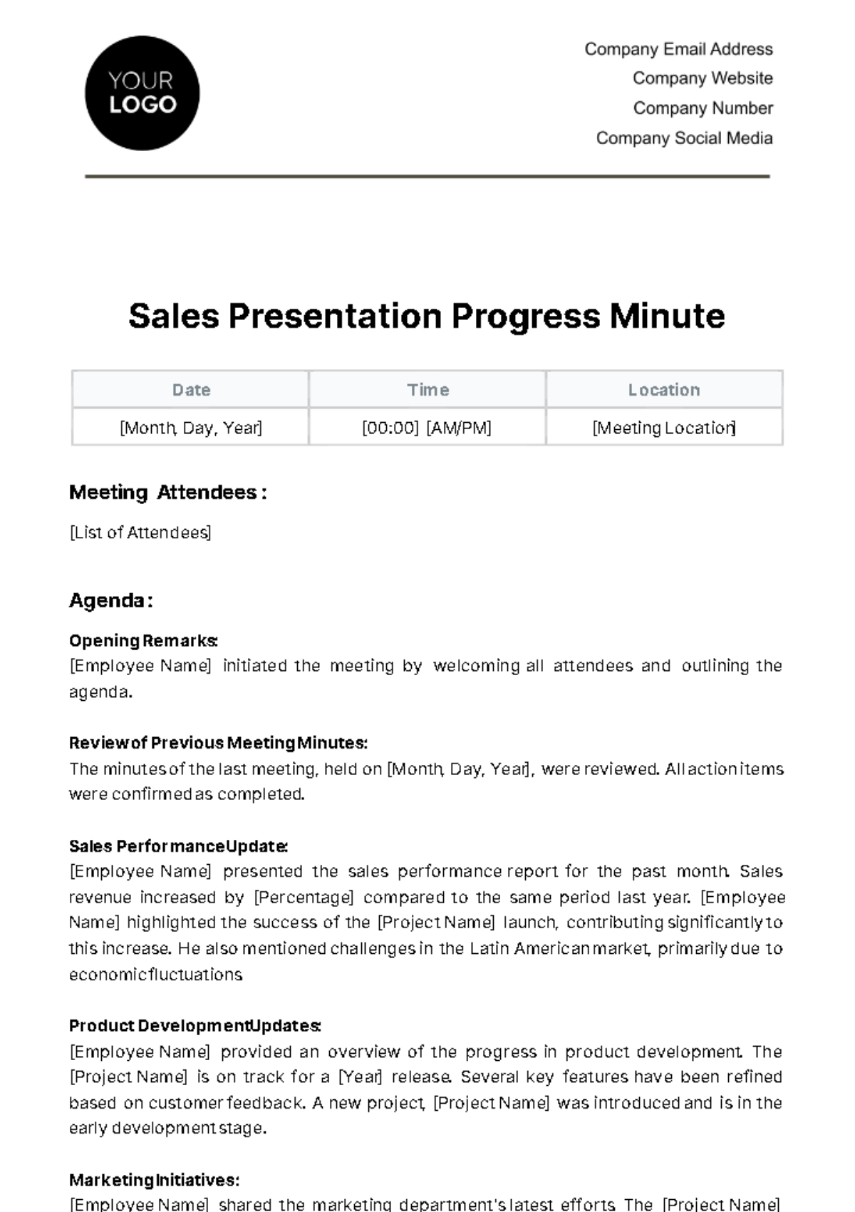 Free Sales Presentation Progress Minute Template