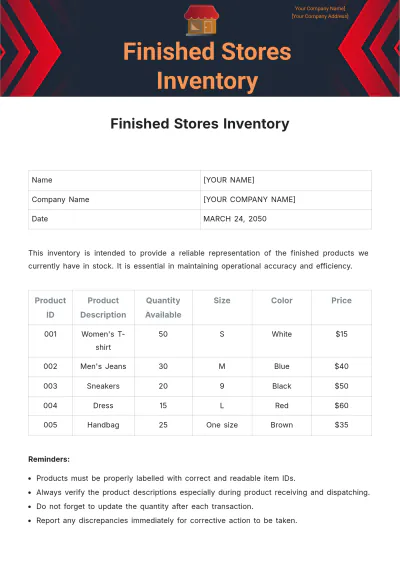 Free Finished Stores Inventory Template to Edit Online