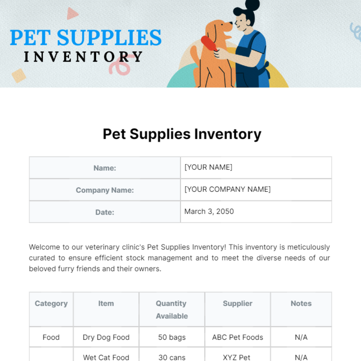 Free Pet Supplies Inventory Template