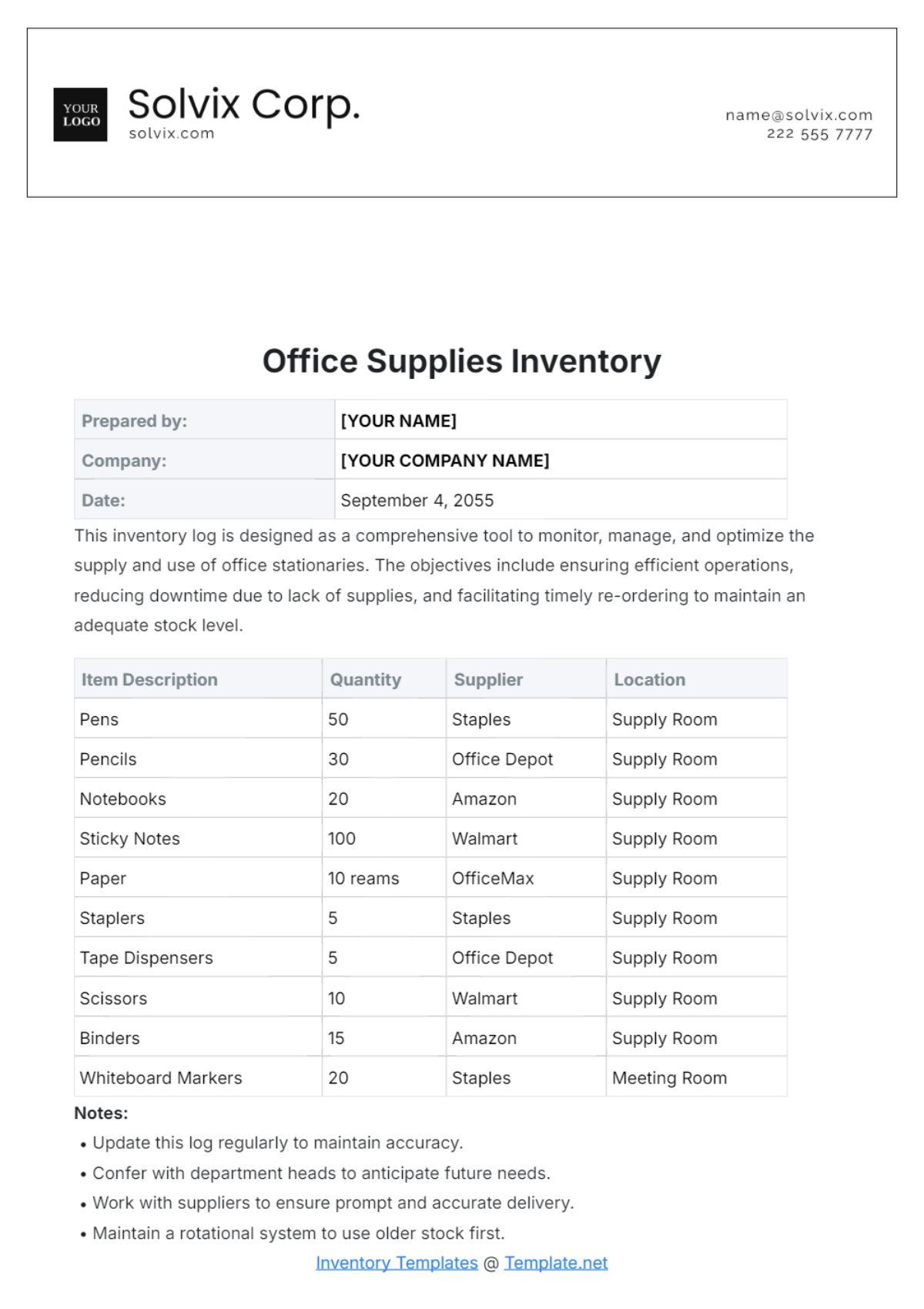 Aesthetic Office Supplies Inventory Template