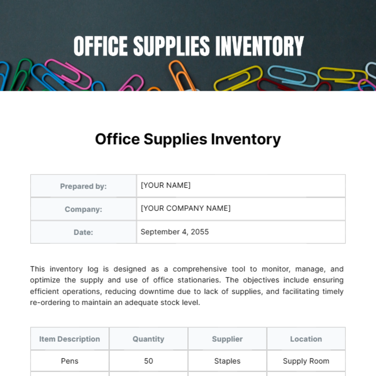 Free Office Supplies Inventory Template