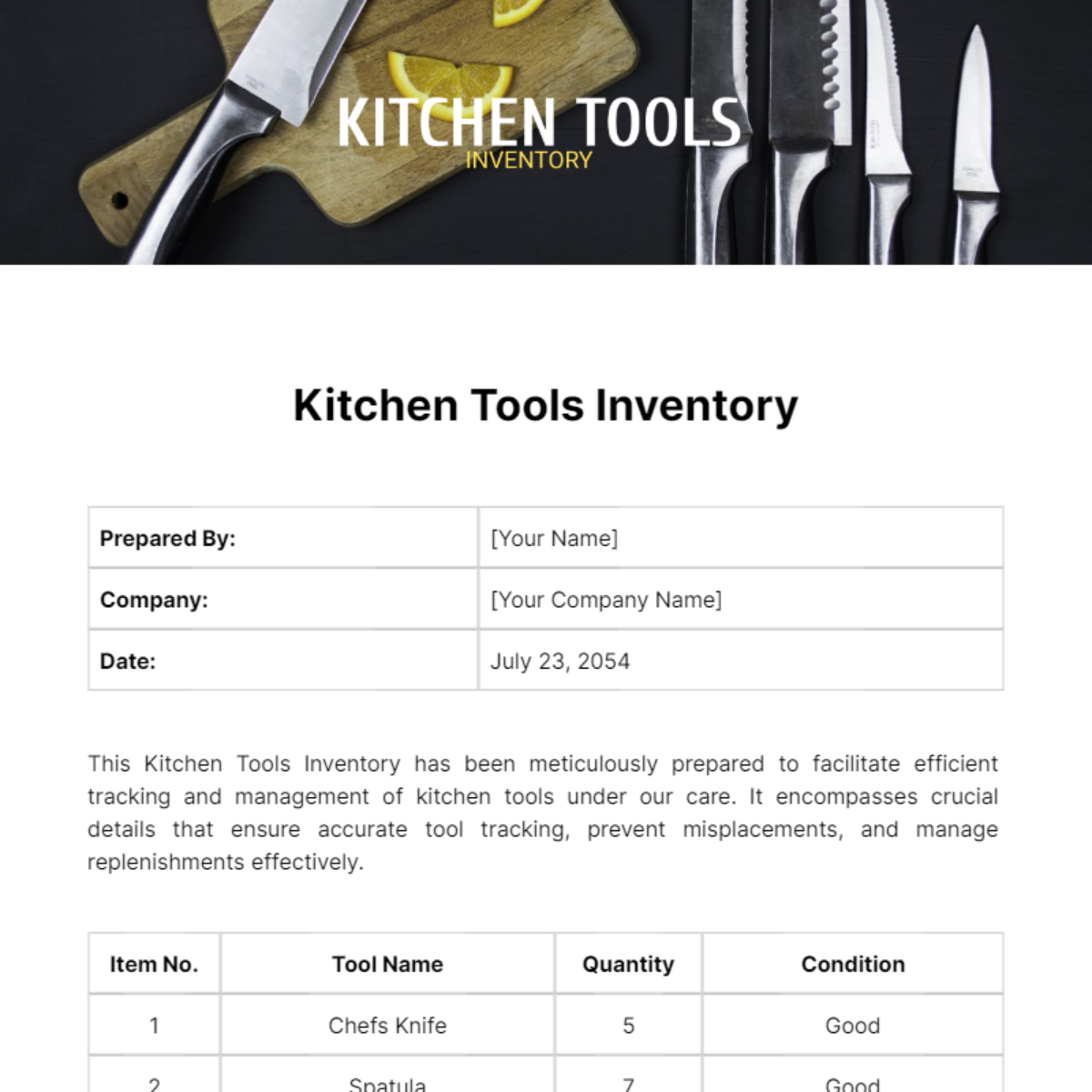 Kitchen Tools Inventory Template