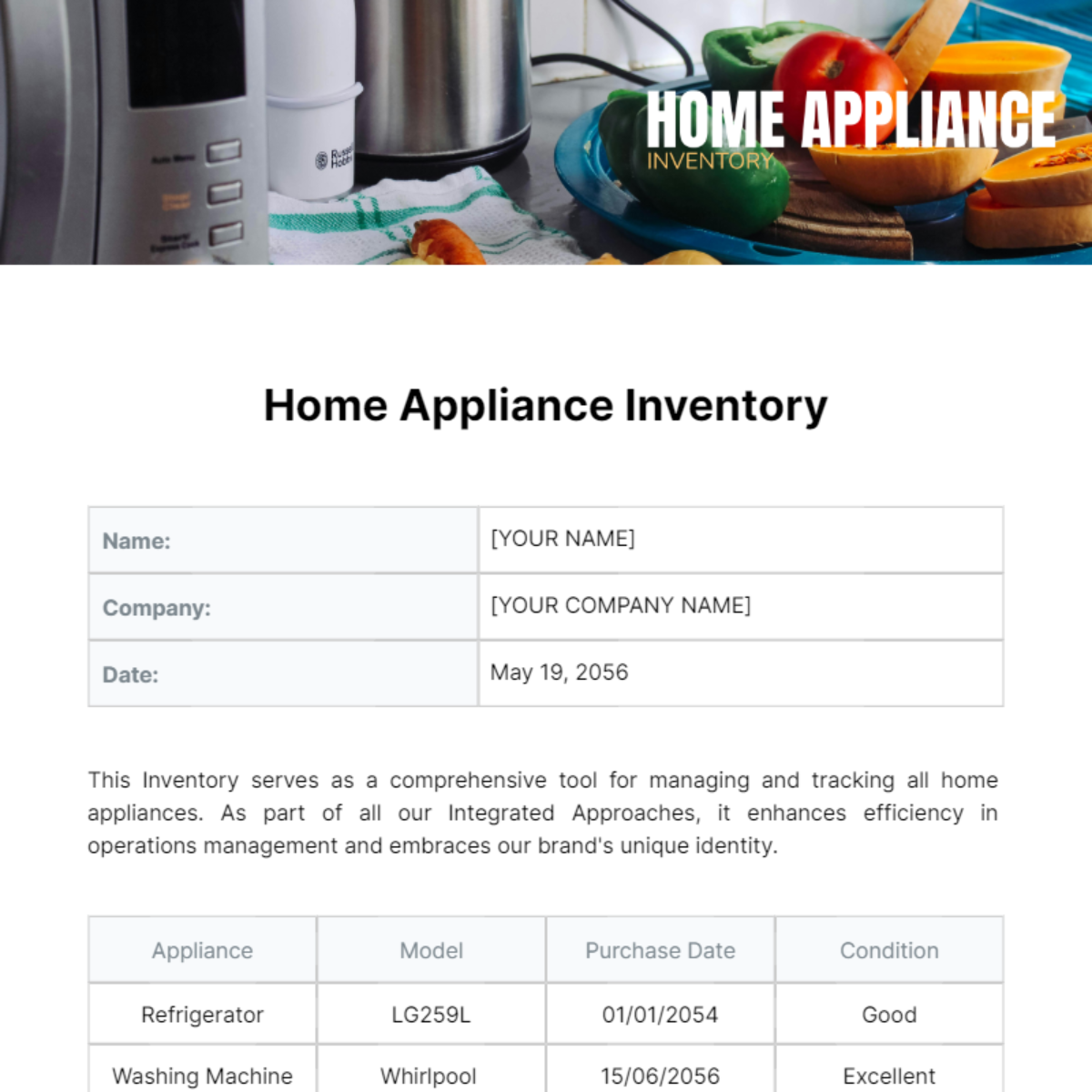 Free Home Appliance Inventory Template