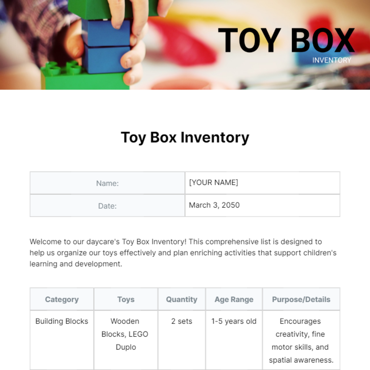 Toy Box Inventory Template