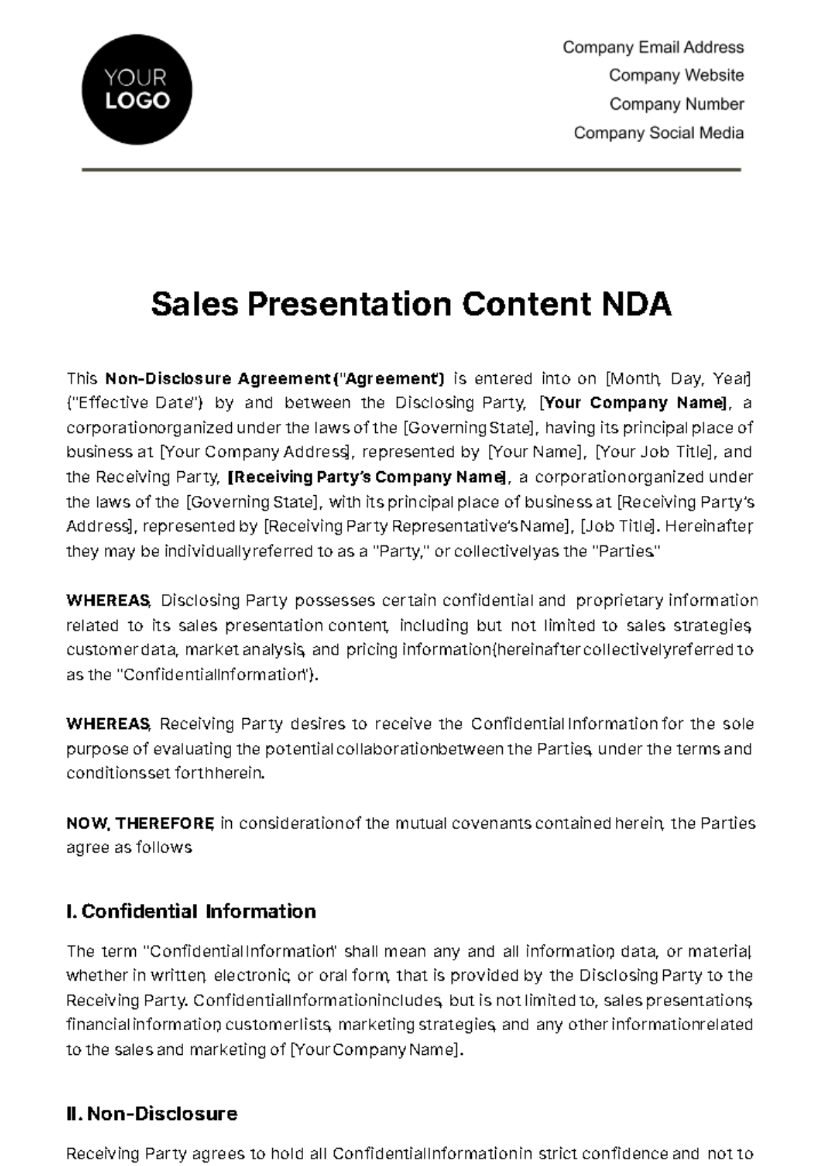 Free Sales Presentation Content NDA Template