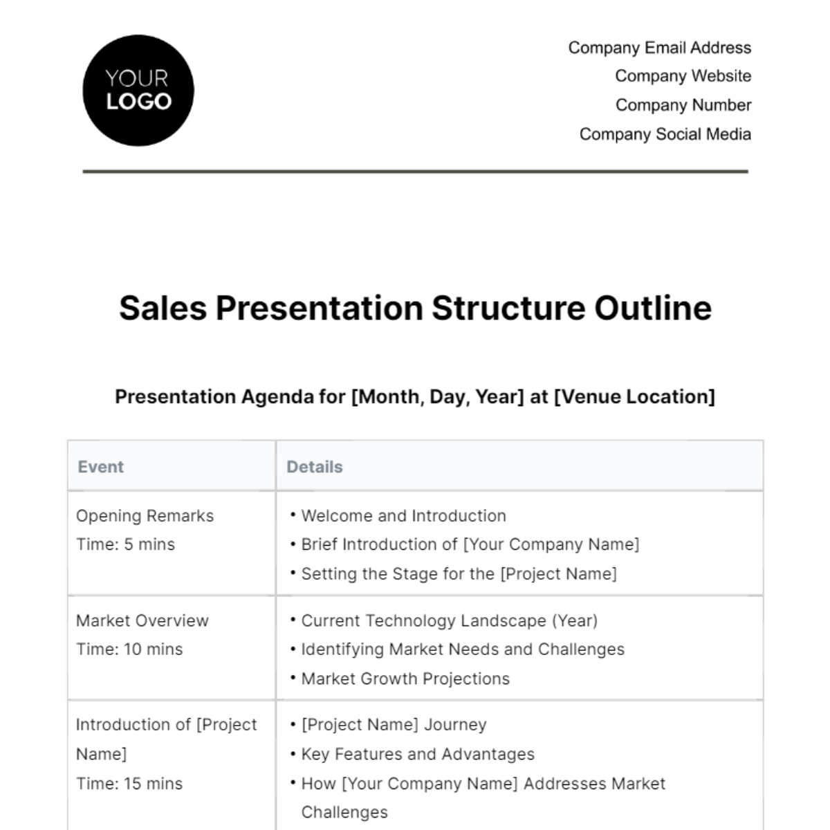 Sales Presentation Structure Outline Template