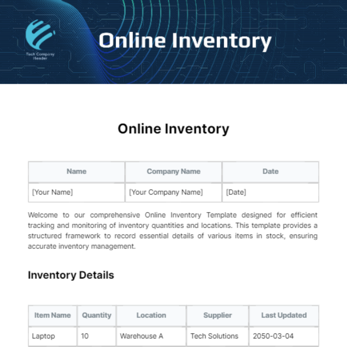 Online Inventory Template
