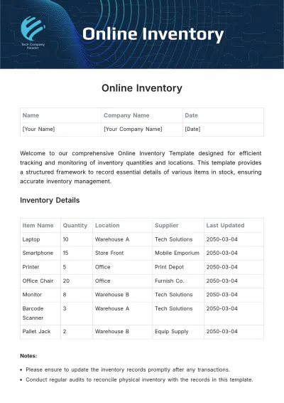 Free Online Inventory Template to Edit Online