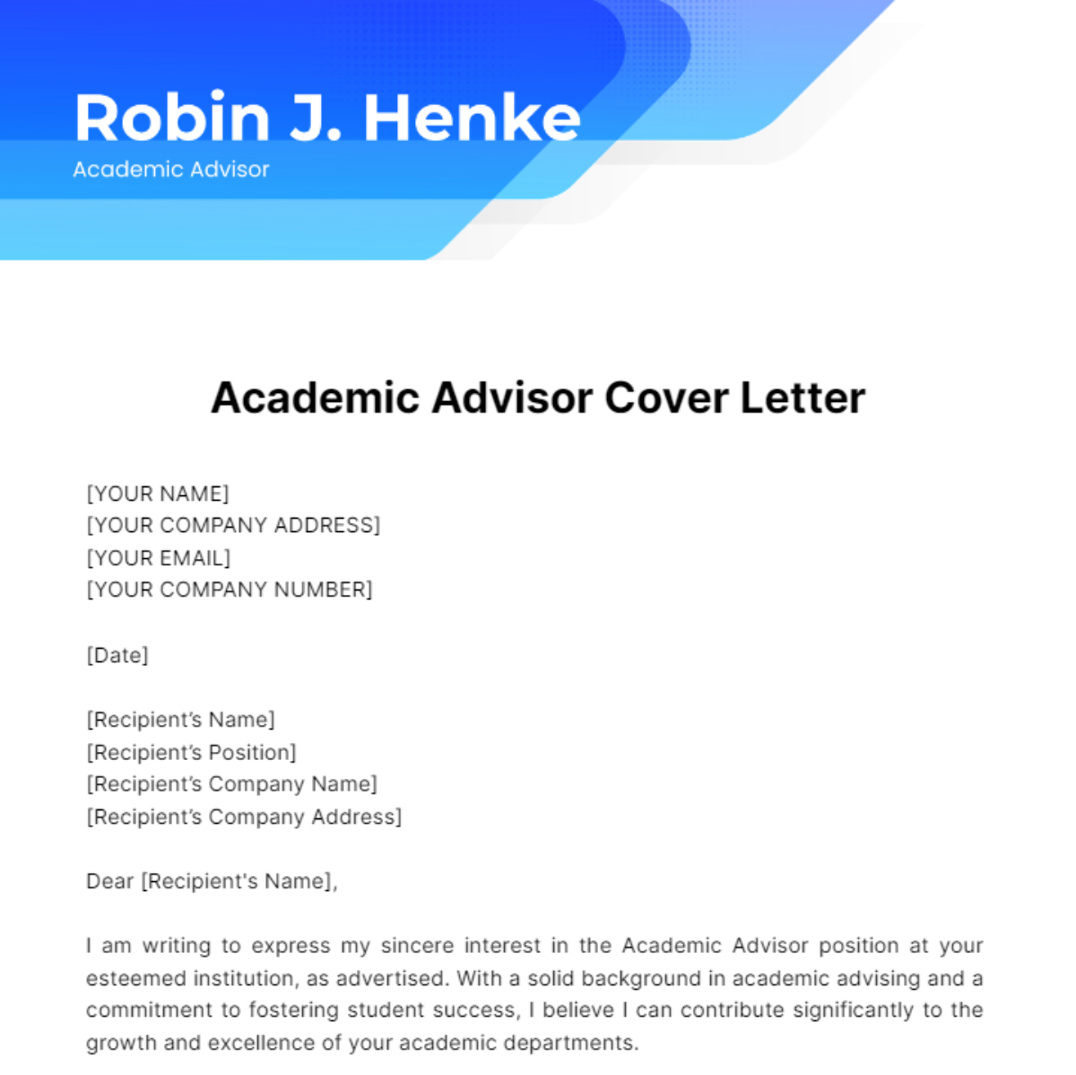 Academic Advisor Cover Letter Template