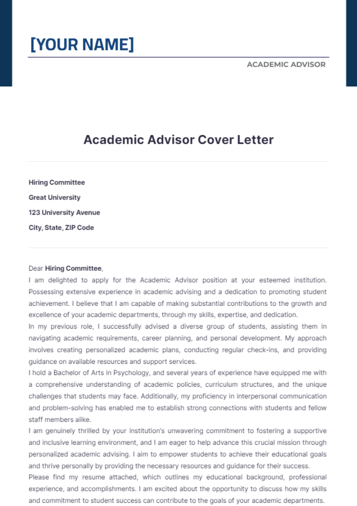 Academic Advisor Cover Letter