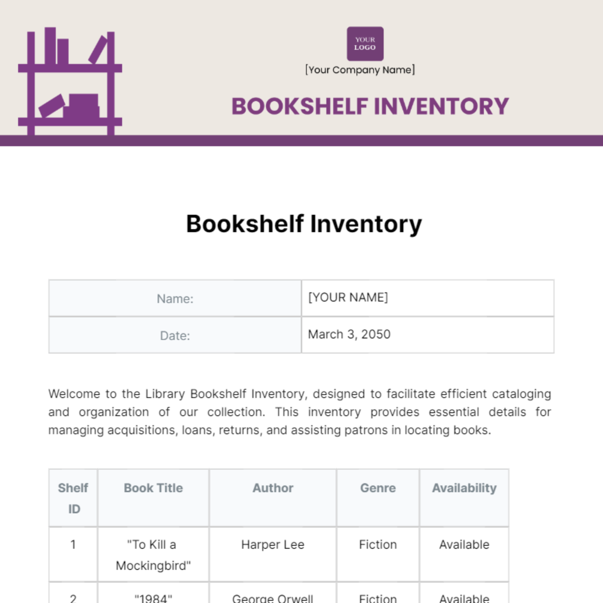 Bookshelf Inventory Template