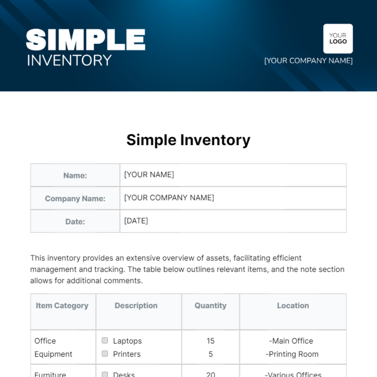 Free Simple Inventory Template