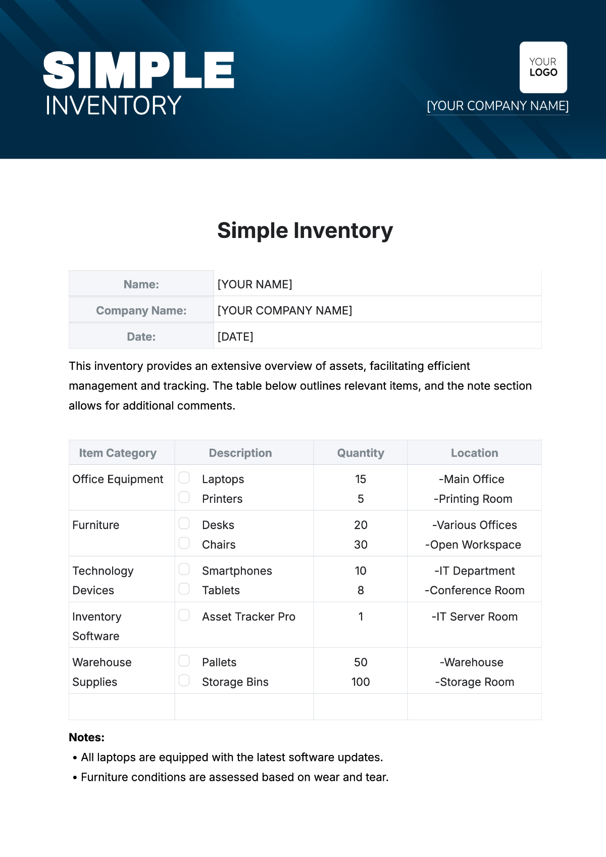 Free Simple Inventory Template