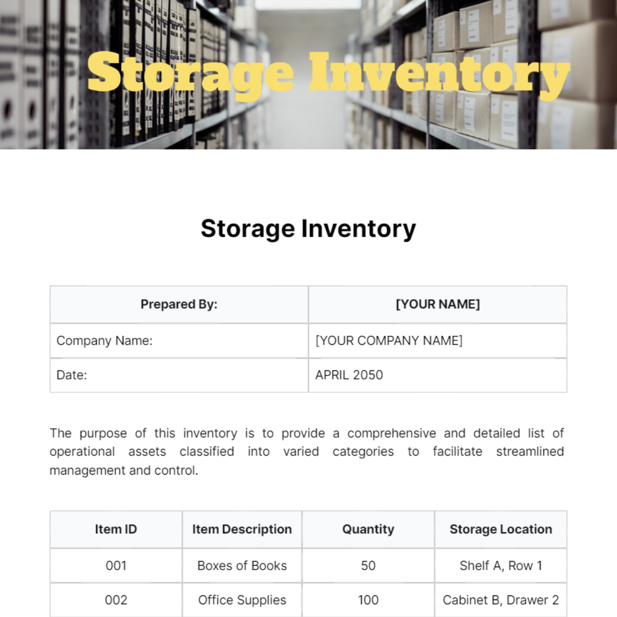 Free Storage Inventory Template