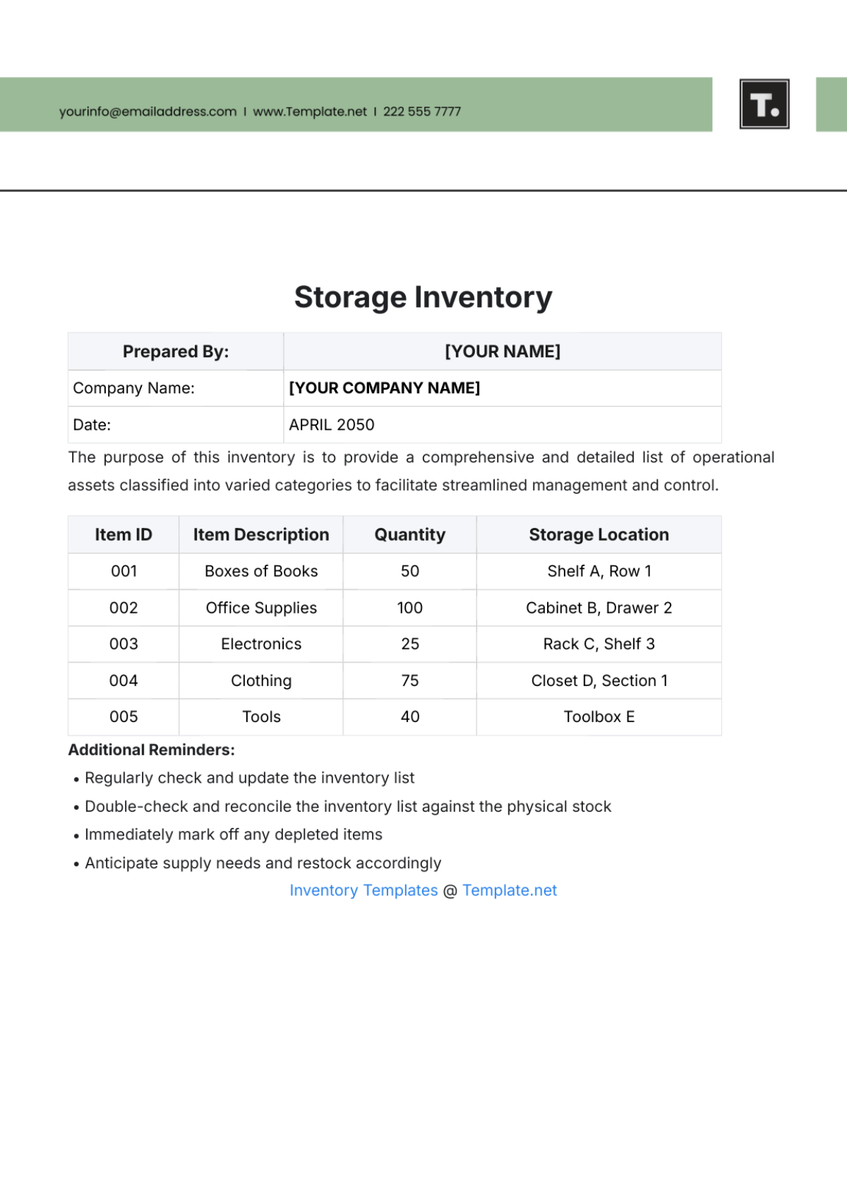 Storage Inventory Template