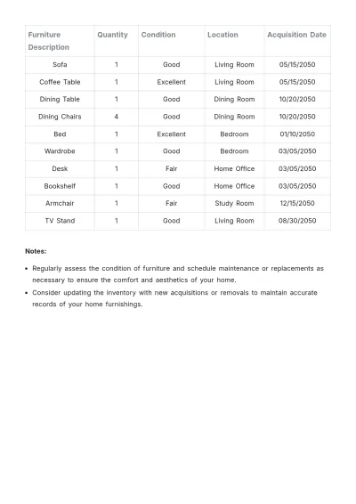 Free Furniture Inventory Template to Edit Online