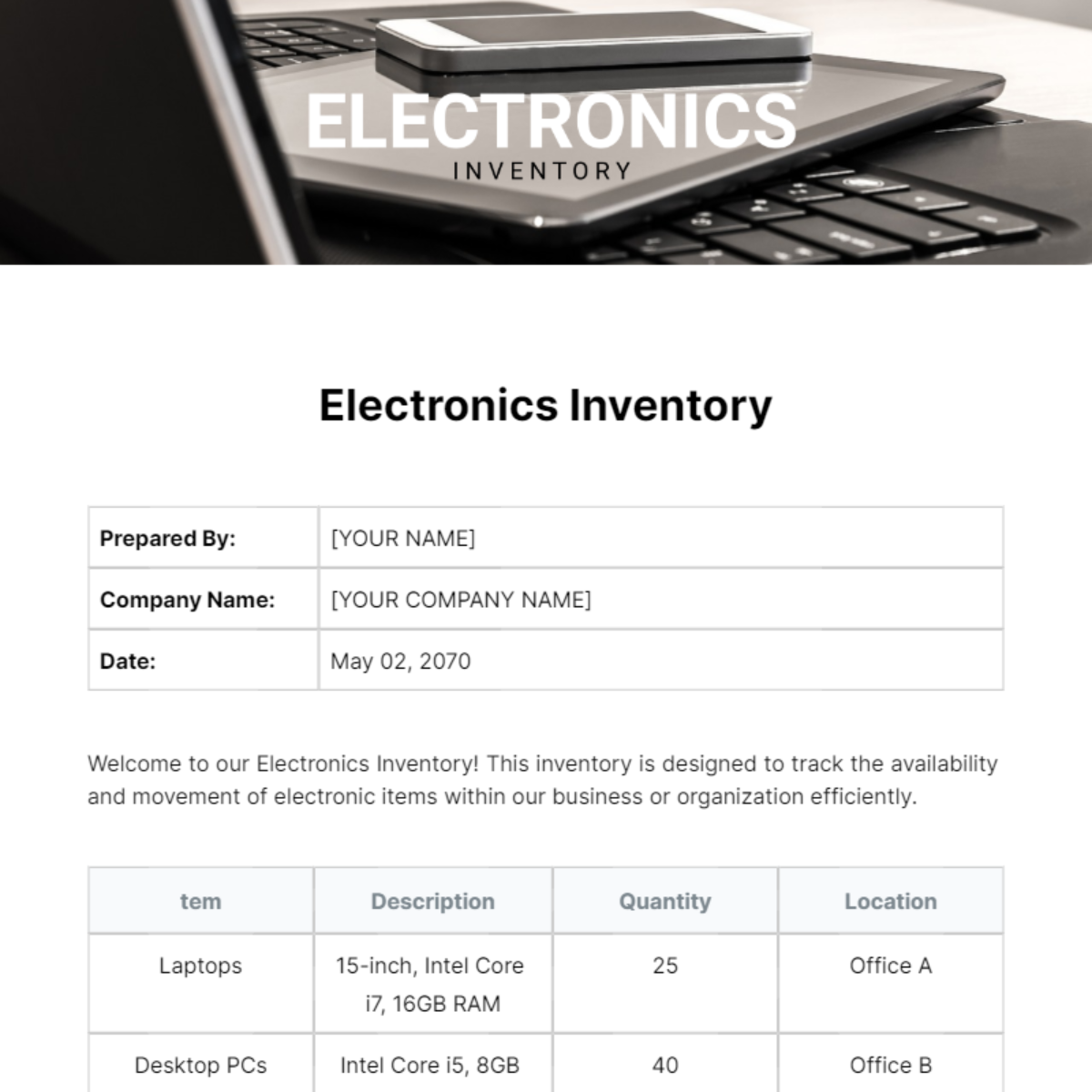 Free Electronics Inventory Template