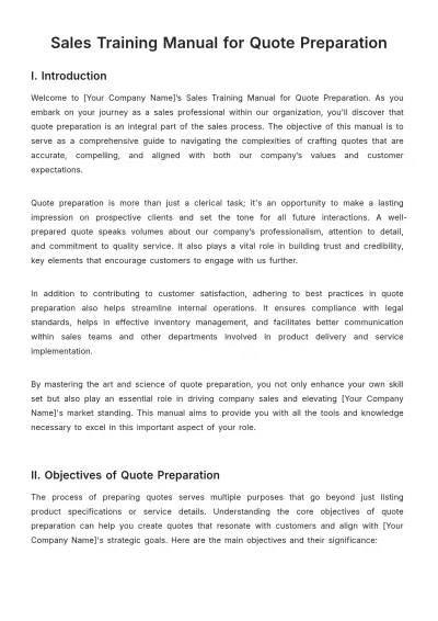 Free Sales Training Manual for Quote Preparation Template to Edit Online