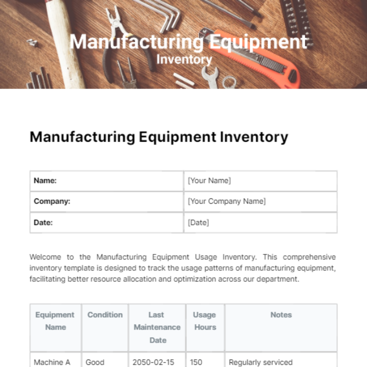 Free Manufacturing Equipment Inventory Template