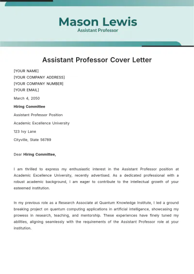 Free Assistant Professor Cover Letter Template to Edit Online