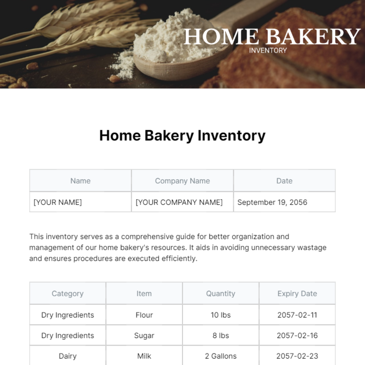Free Home Bakery Inventory Template