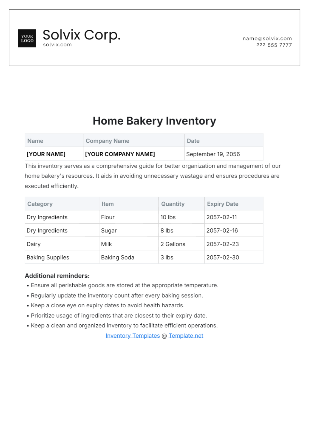 Home Bakery Inventory Template