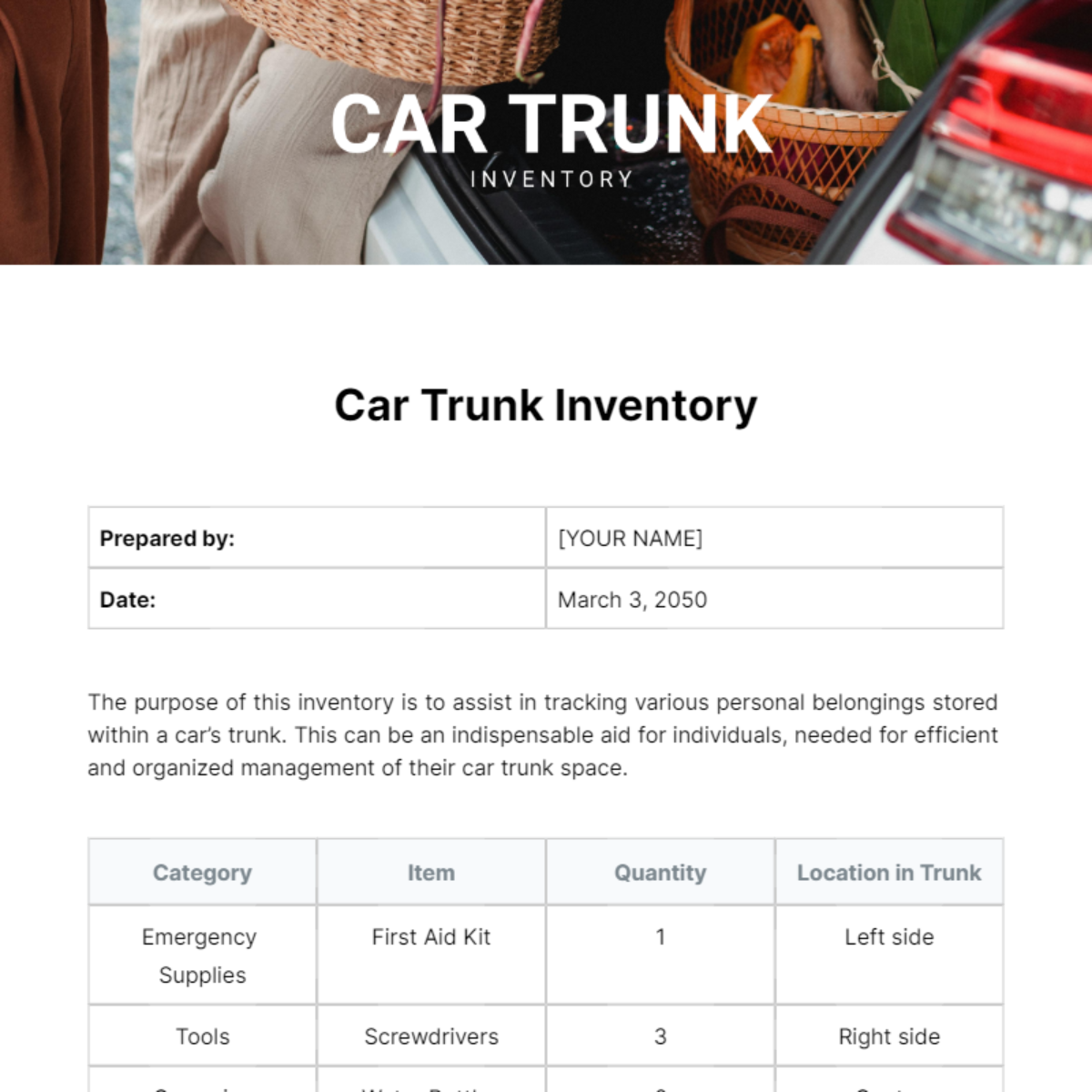 Free Car Trunk Inventory Template