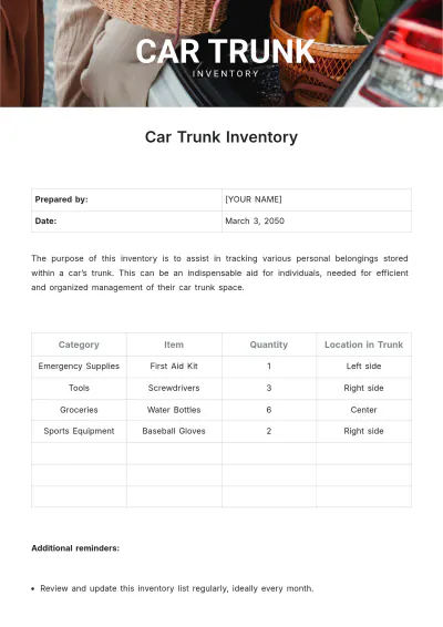 Free Car Trunk Inventory Template to Edit Online