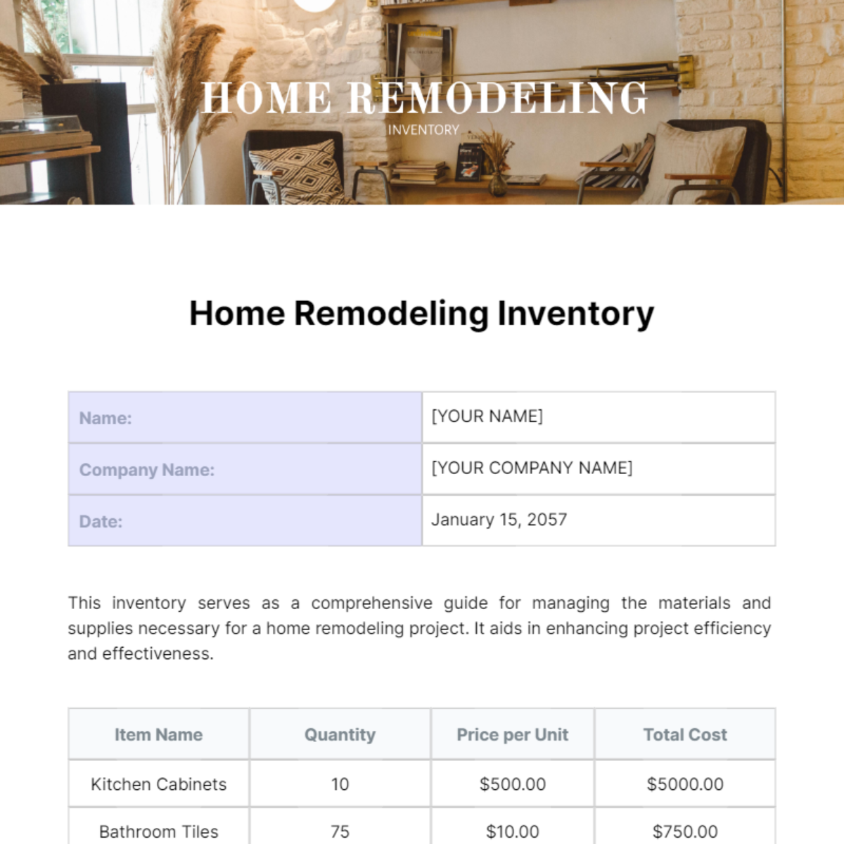 Home Remodeling Inventory Template