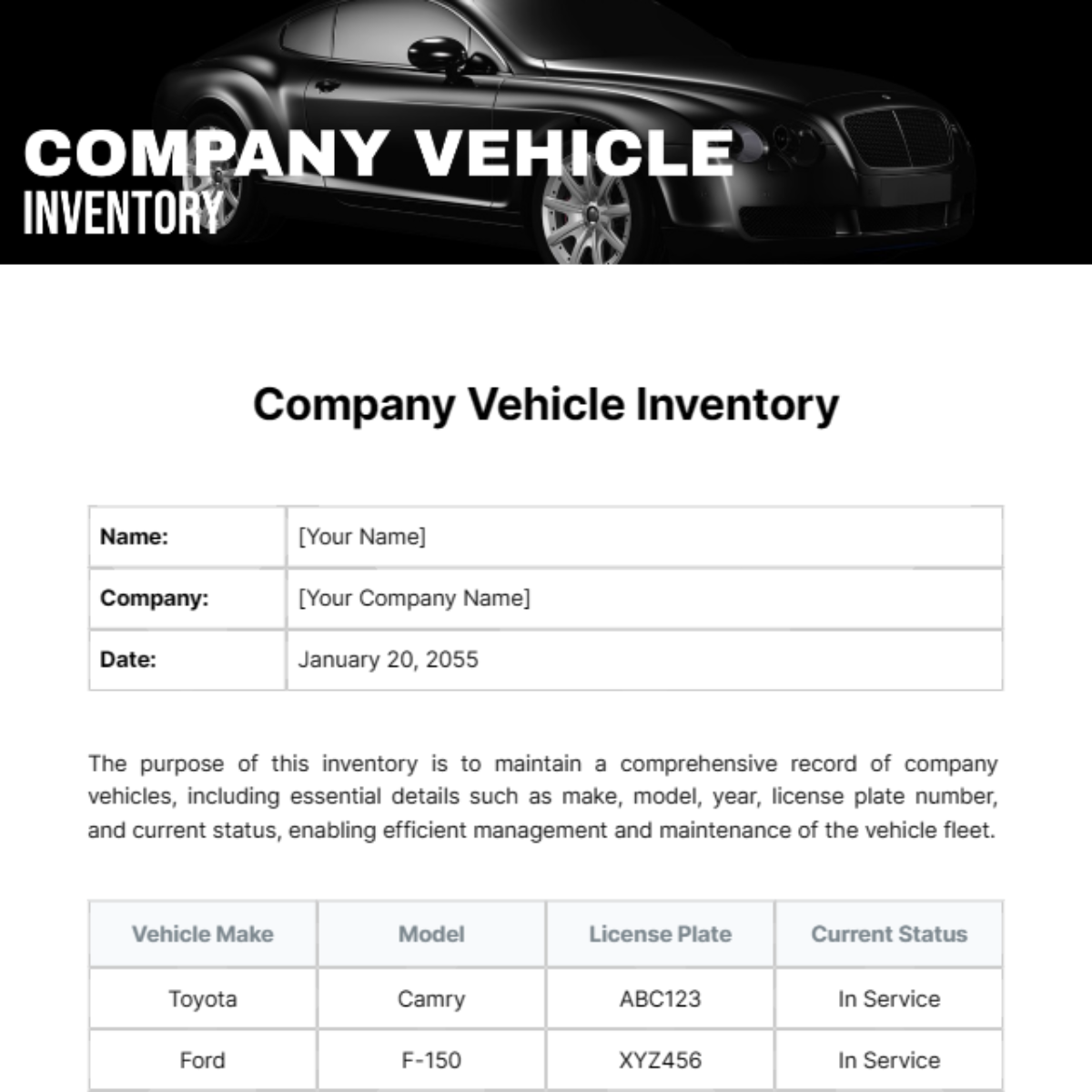 Free Company Vehicle Inventory Template