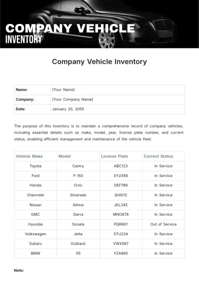 Free Company Vehicle Inventory Template to Edit Online