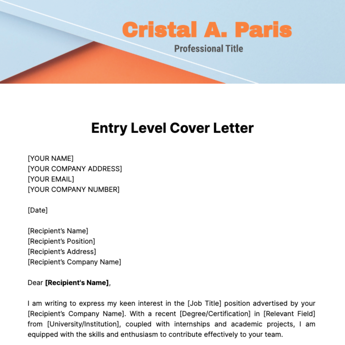 Entry Level Cover Letter Template