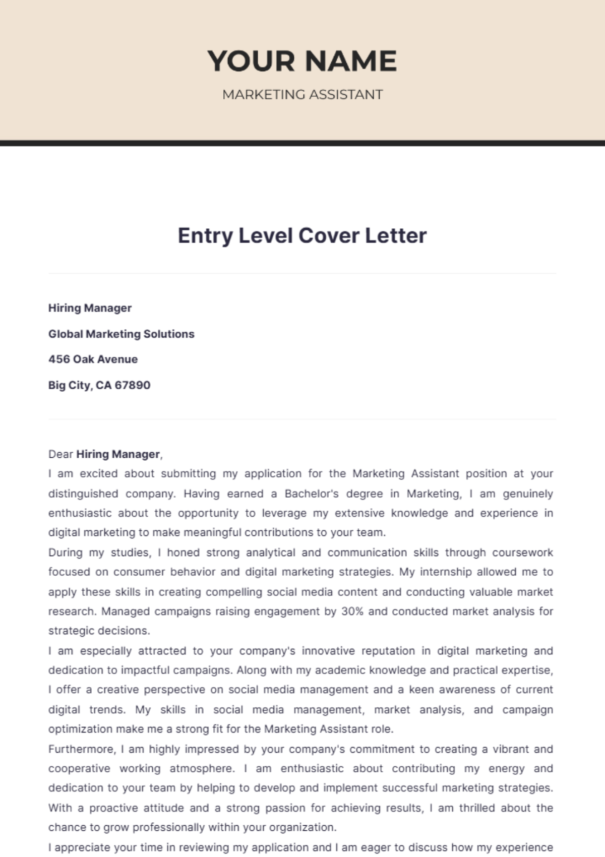 Entry Level Cover Letter